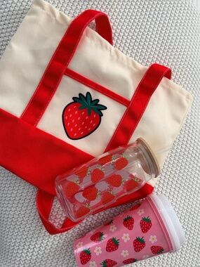 Strawberry Aesthetic Bundle 🍓 Tote Bag + Glass Cup + Travel Mug | Cute Gift Set